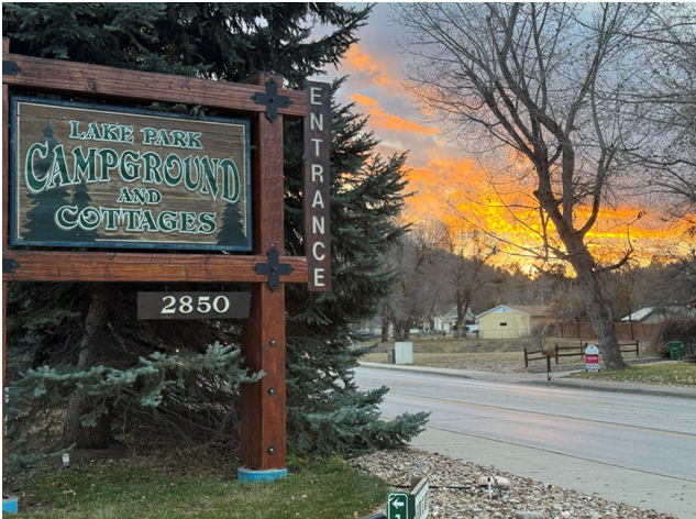 Entrance sign the Lake Park Campground and Cottages in Rapid City, SD